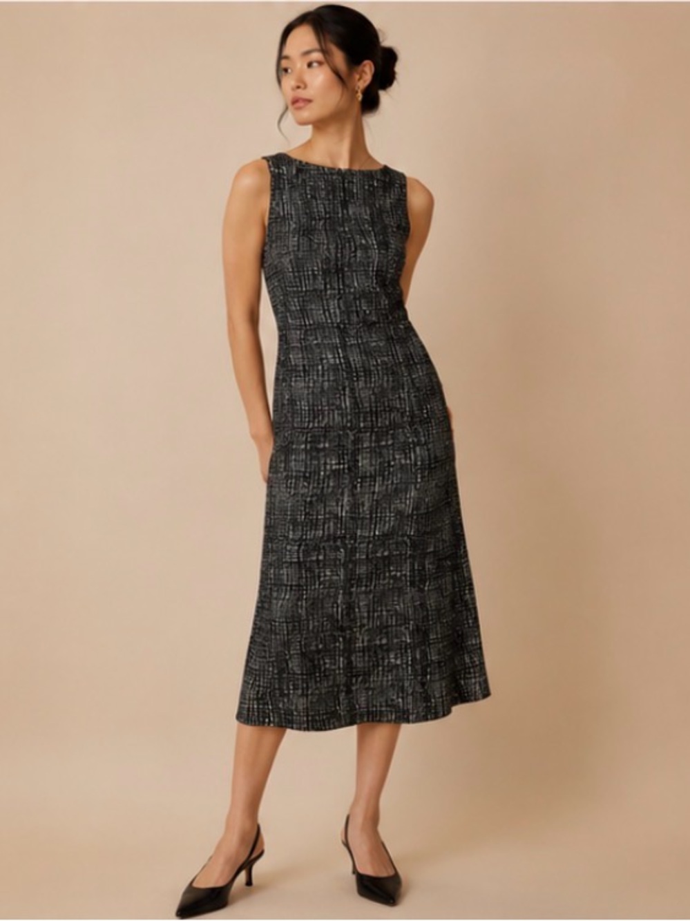 Coldwater Creek Black & Gray Patterned Sleeveless Midi Dress Size 8